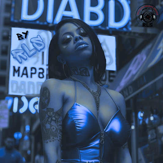 Woman in a blue dress posing in front of DIABD neon sign promoting 'Devil in a Blue Dress,' new track by Revolutionary Sound (RLS).